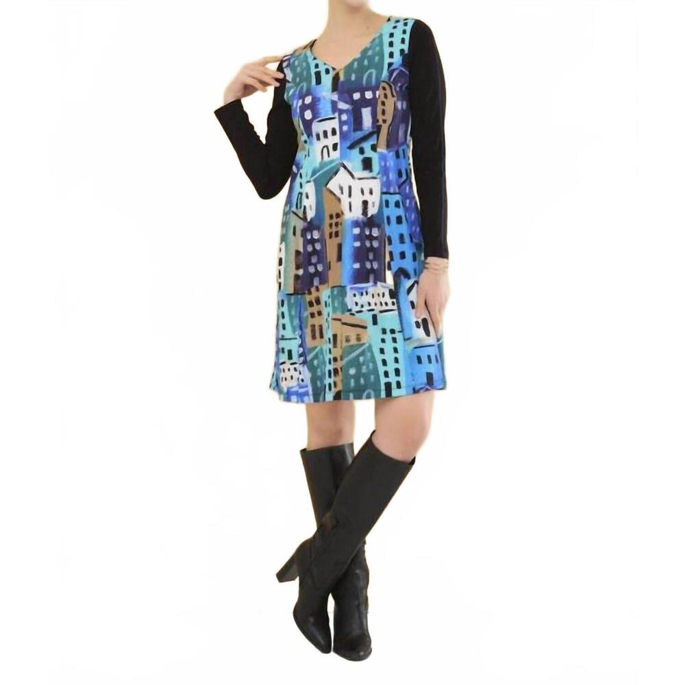 NEW DOLCEZZA simply art city stories linda woods dress in blue/green/black